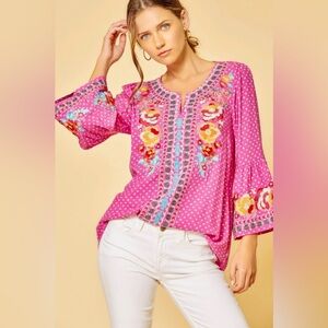 Savanna Jane South Beach Embroidered Hot Pink Floral Polka Dot Tunic Blouse Sz S